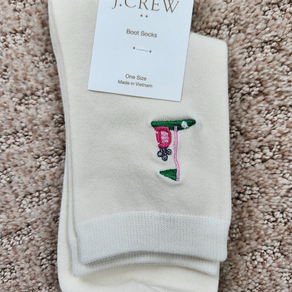 J. CREW Women's Boot Socks Ivory Color, Golf Embroidered, One Size, NWT!